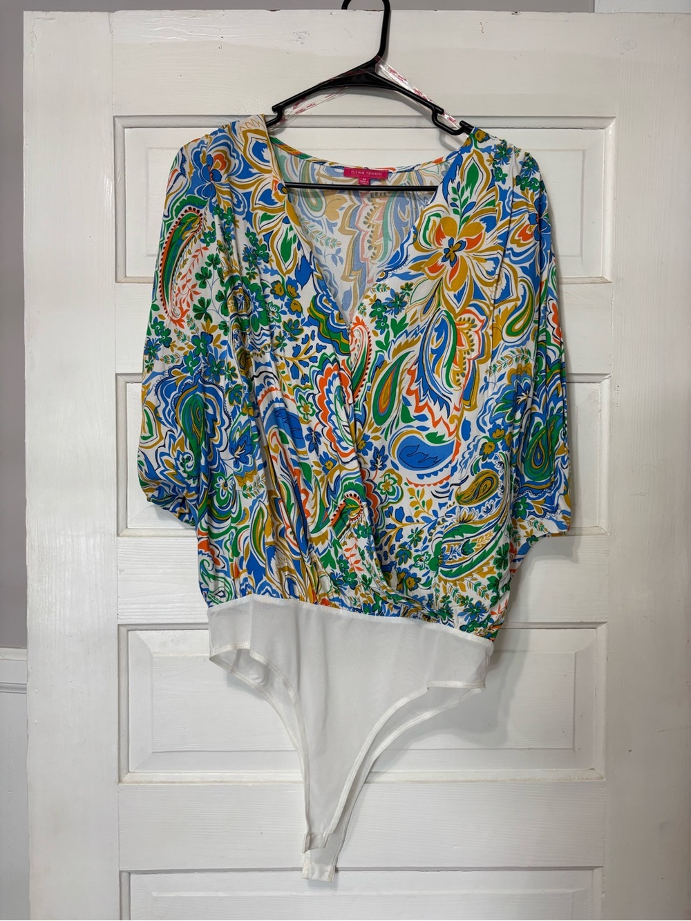 Flying Tomato Multicolor Paisley Wrap-Front Bodysuit with White Trim